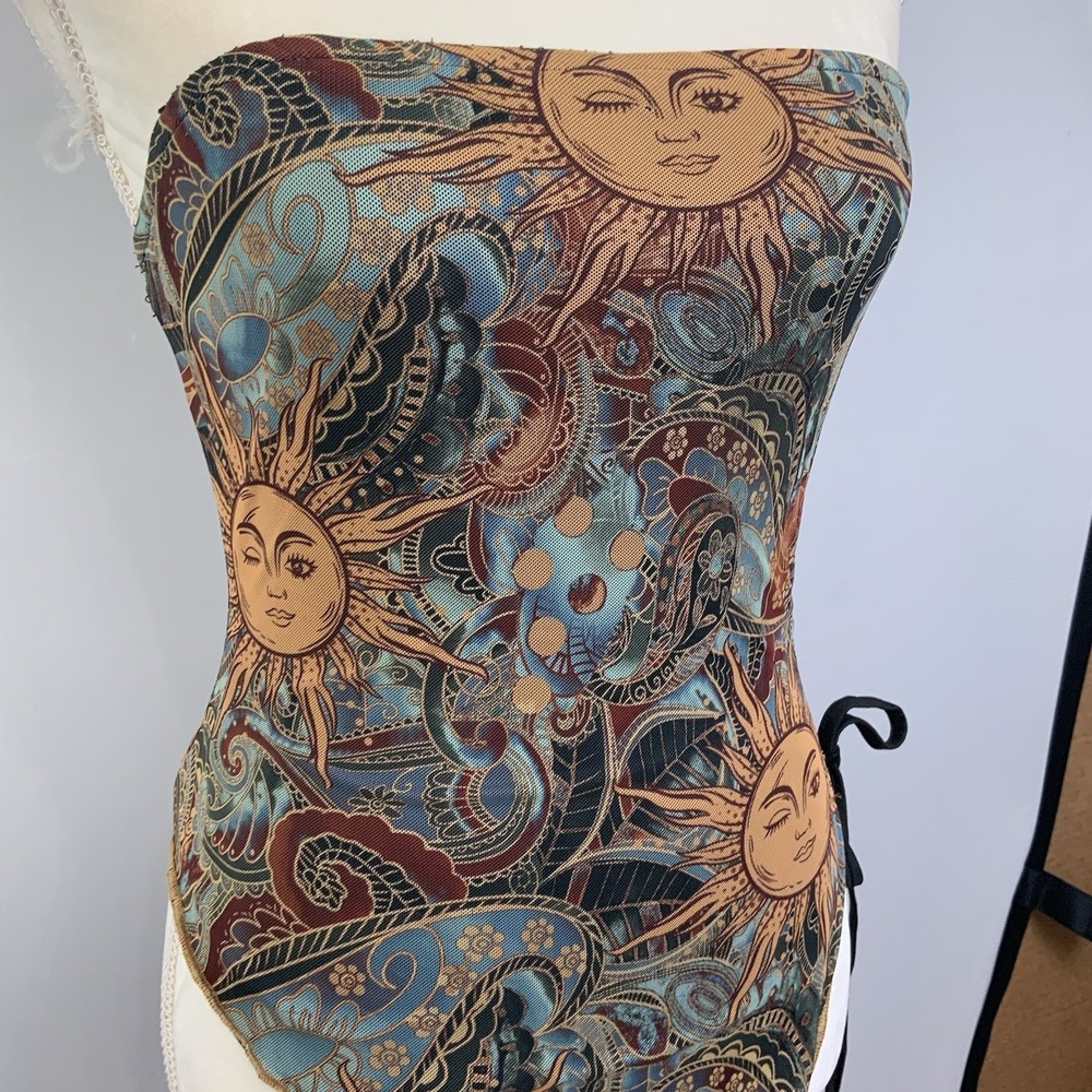 Celestial Sun Paisley Mesh Asymmetrical Ruched Tie Strapless Tube Top Y2K Small - Picture 3 of 6